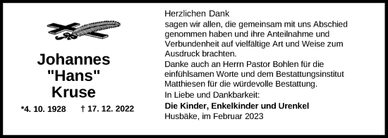 Traueranzeige von Johannes Kruse von Nordwest-Zeitung