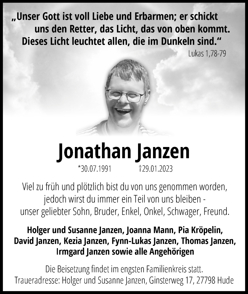  Traueranzeige für Jonathan Janzen vom 04.02.2023 aus Nordwest-Zeitung