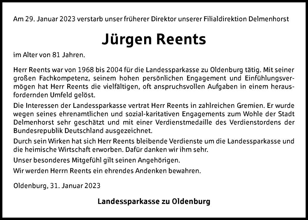  Traueranzeige für Jürgen Reents vom 04.02.2023 aus Nordwest-Zeitung