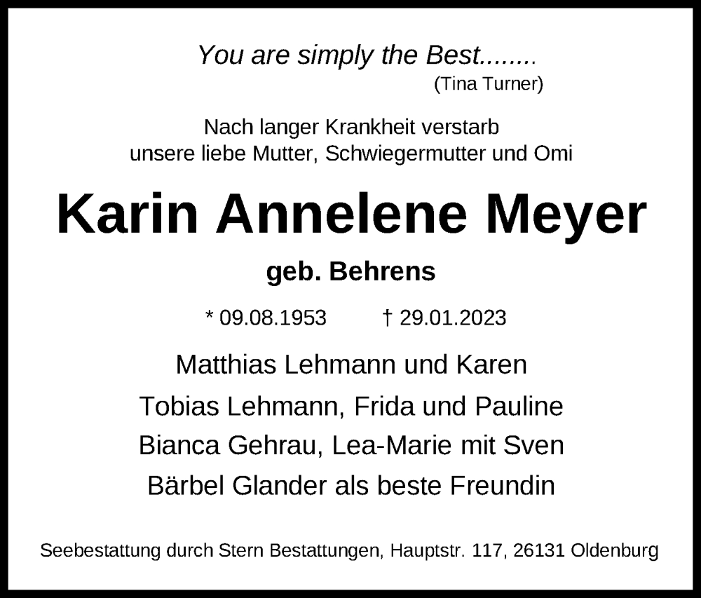  Traueranzeige für Karin Annelene Meyer vom 04.02.2023 aus Nordwest-Zeitung