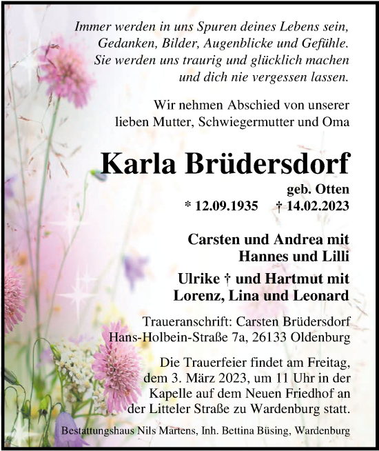 Traueranzeige von Karla Brüdersdorf von Nordwest-Zeitung