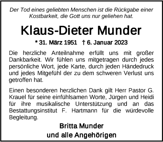 Traueranzeige von Klaus-Dieter Munder von Nordwest-Zeitung