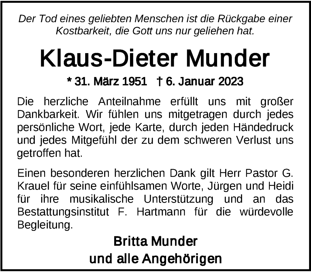  Traueranzeige für Klaus-Dieter Munder vom 18.02.2023 aus Nordwest-Zeitung