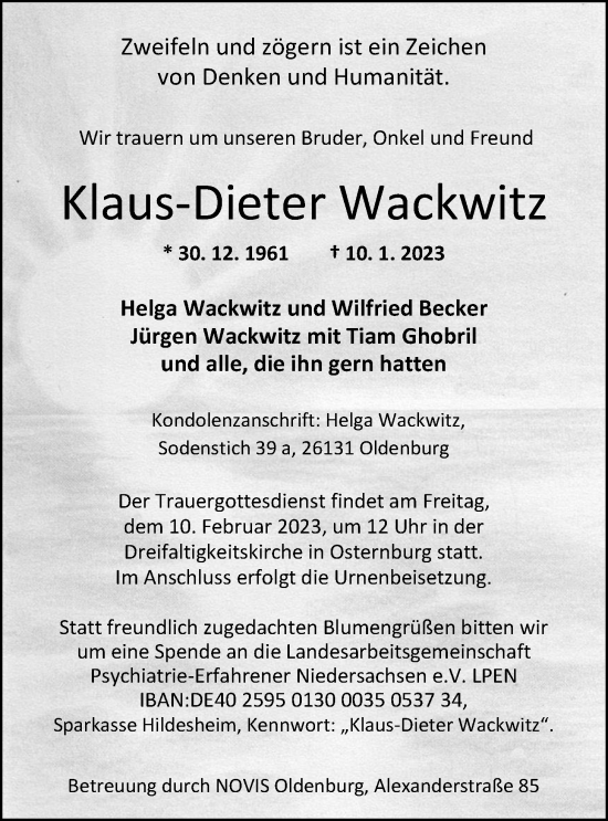 Traueranzeige von Klaus-Dieter Wackwitz von Nordwest-Zeitung