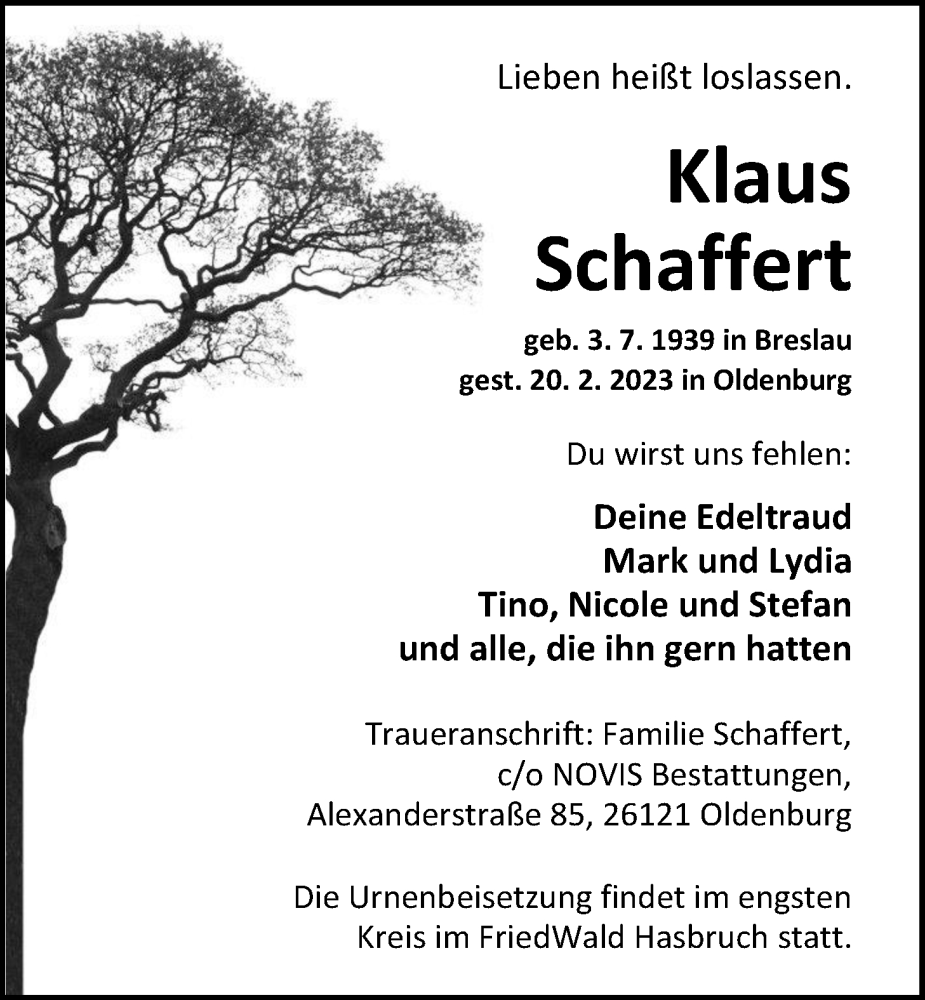  Traueranzeige für Klaus Schaffert vom 25.02.2023 aus Nordwest-Zeitung