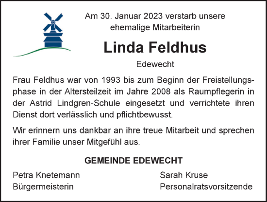 Traueranzeige von Linda Feldhus von Nordwest-Zeitung