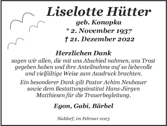 Traueranzeige von Liselotte Hütter von Nordwest-Zeitung