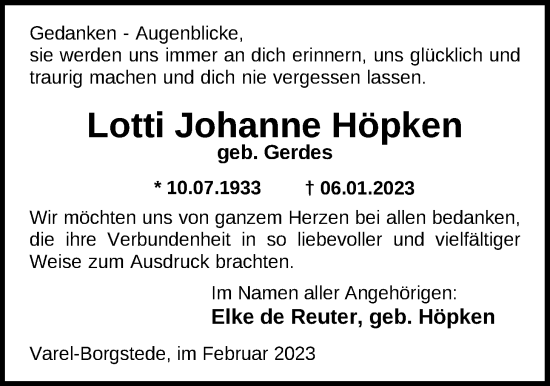 Traueranzeige von Lotti Johanne Höpken von Nordwest-Zeitung