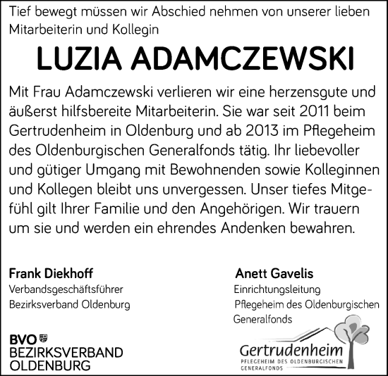 Traueranzeige von Luzia Adamczewski von Nordwest-Zeitung