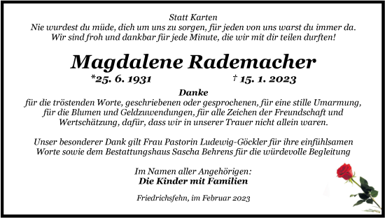 Traueranzeige von Magdalene Rademacher von Nordwest-Zeitung