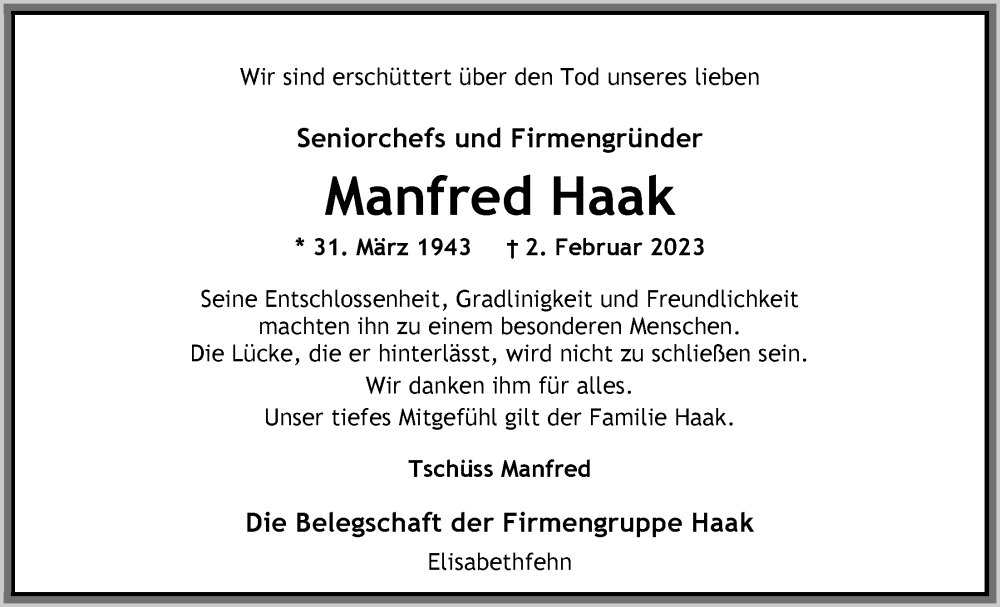 Traueranzeige für Manfred Haak vom 04.02.2023 aus Nordwest-Zeitung