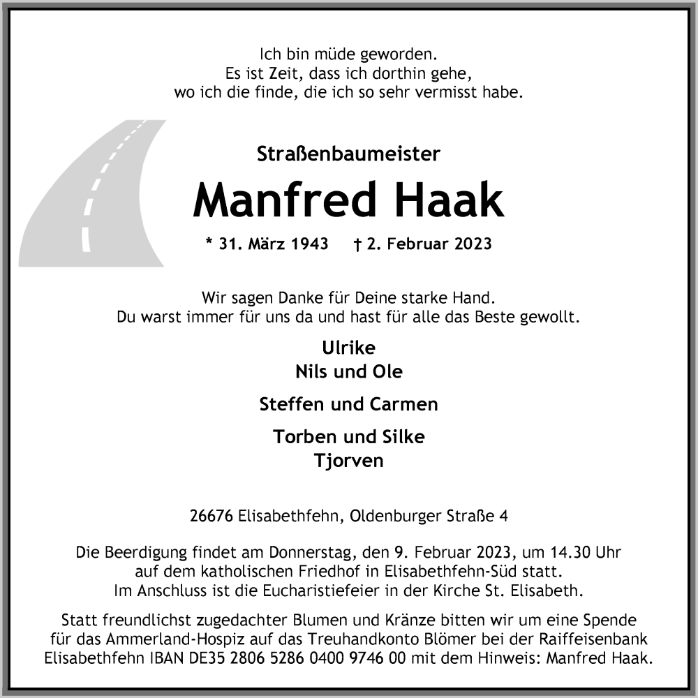  Traueranzeige für Manfred Haak vom 04.02.2023 aus Nordwest-Zeitung