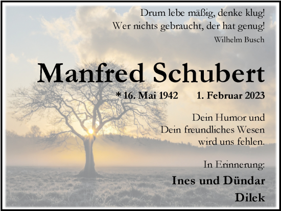 Traueranzeige von Manfred Schubert von Nordwest-Zeitung