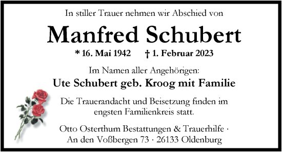 Traueranzeige von Manfred Schubert von Nordwest-Zeitung