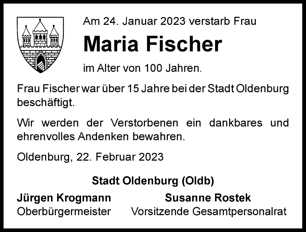  Traueranzeige für Maria Fischer vom 22.02.2023 aus Nordwest-Zeitung