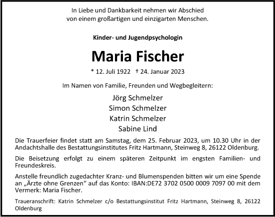 Traueranzeige von Maria Fischer von Nordwest-Zeitung