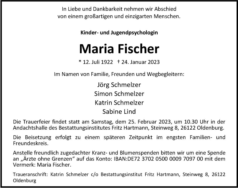  Traueranzeige für Maria Fischer vom 18.02.2023 aus Nordwest-Zeitung