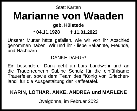 Traueranzeige von Marianne von Waaden von Nordwest-Zeitung