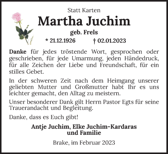 Traueranzeige von Martha Juchim von Nordwest-Zeitung