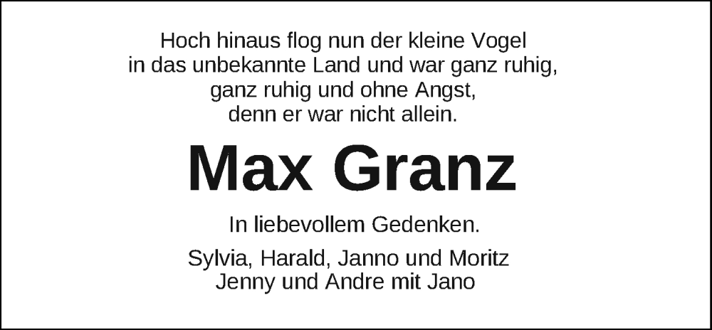  Traueranzeige für Maximilian Granz vom 04.02.2023 aus Nordwest-Zeitung