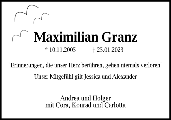 Traueranzeige von Maximilian Granz von Nordwest-Zeitung