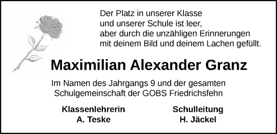 Traueranzeige von Maximilian Alexander Granz von Nordwest-Zeitung