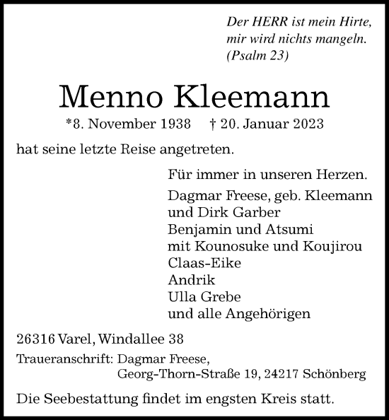Traueranzeige von Menno Kleemann von Nordwest-Zeitung
