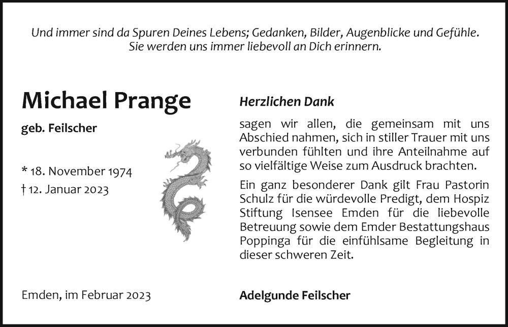  Traueranzeige für Michael Prange vom 18.02.2023 aus Emder Zeitung