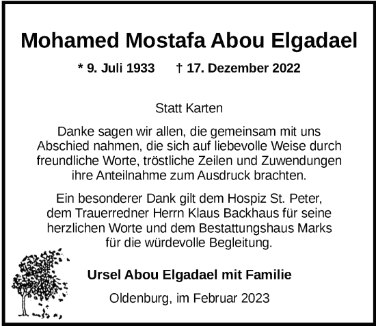 Traueranzeige von Mohamed Mostafa Abou Elgadael von Nordwest-Zeitung