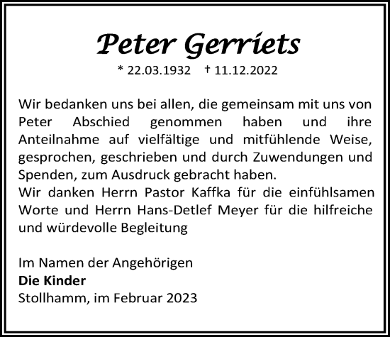 Traueranzeige von Peter Gerriets von Nordwest-Zeitung