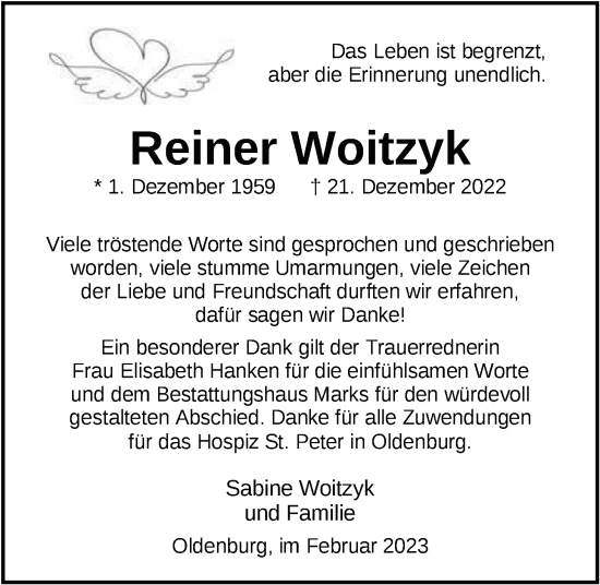 Traueranzeige von Reiner Woitzyk von Nordwest-Zeitung