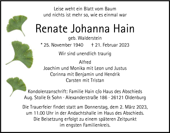 Traueranzeigen von Renate Hain nordwesttrauer.de