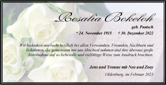 Traueranzeige von Rosalia Bokeloh von Nordwest-Zeitung