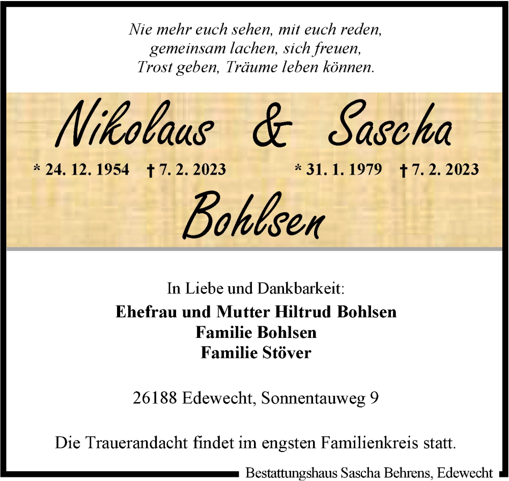  Traueranzeige für Sascha Bohlsen vom 13.02.2023 aus Nordwest-Zeitung