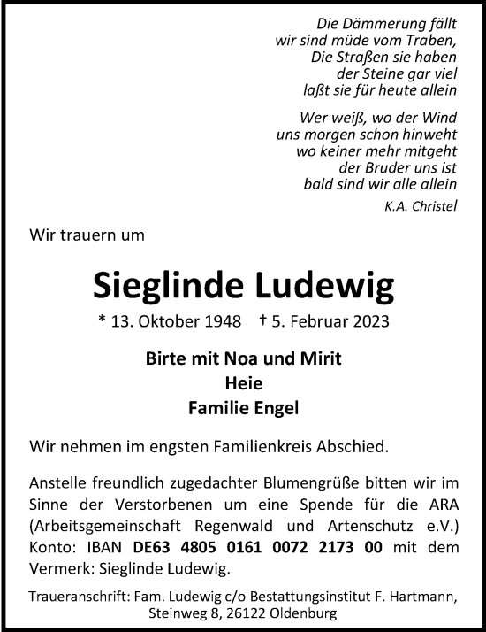 Traueranzeige von Sieglinde Ludewig von Nordwest-Zeitung