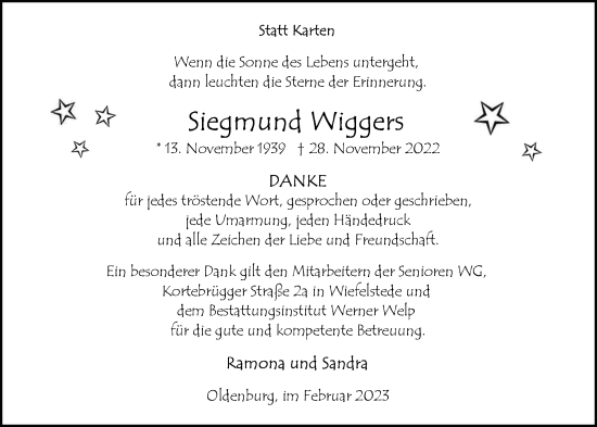 Traueranzeige von Siegmund Wiggers von Nordwest-Zeitung