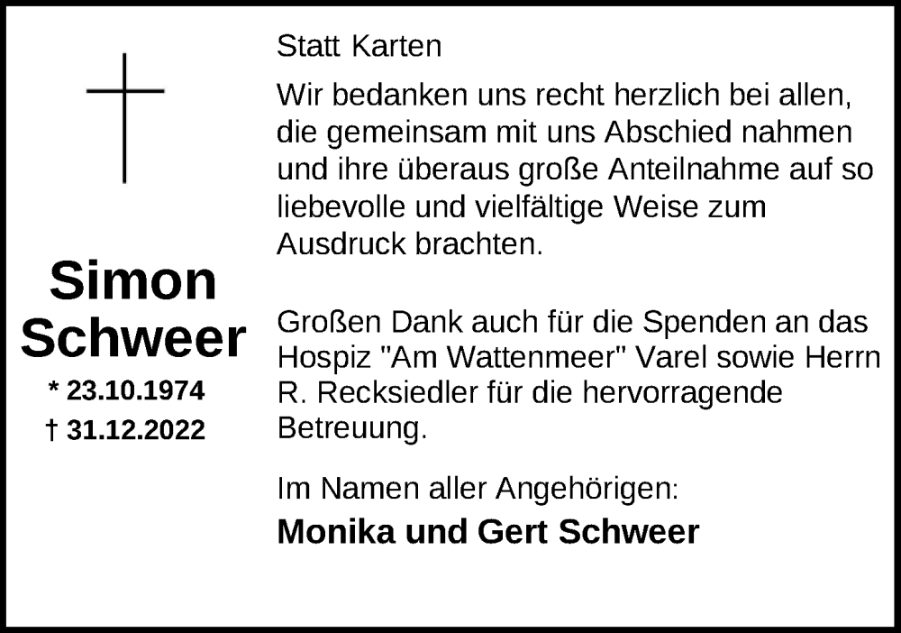  Traueranzeige für Simon Schweer vom 25.02.2023 aus Nordwest-Zeitung