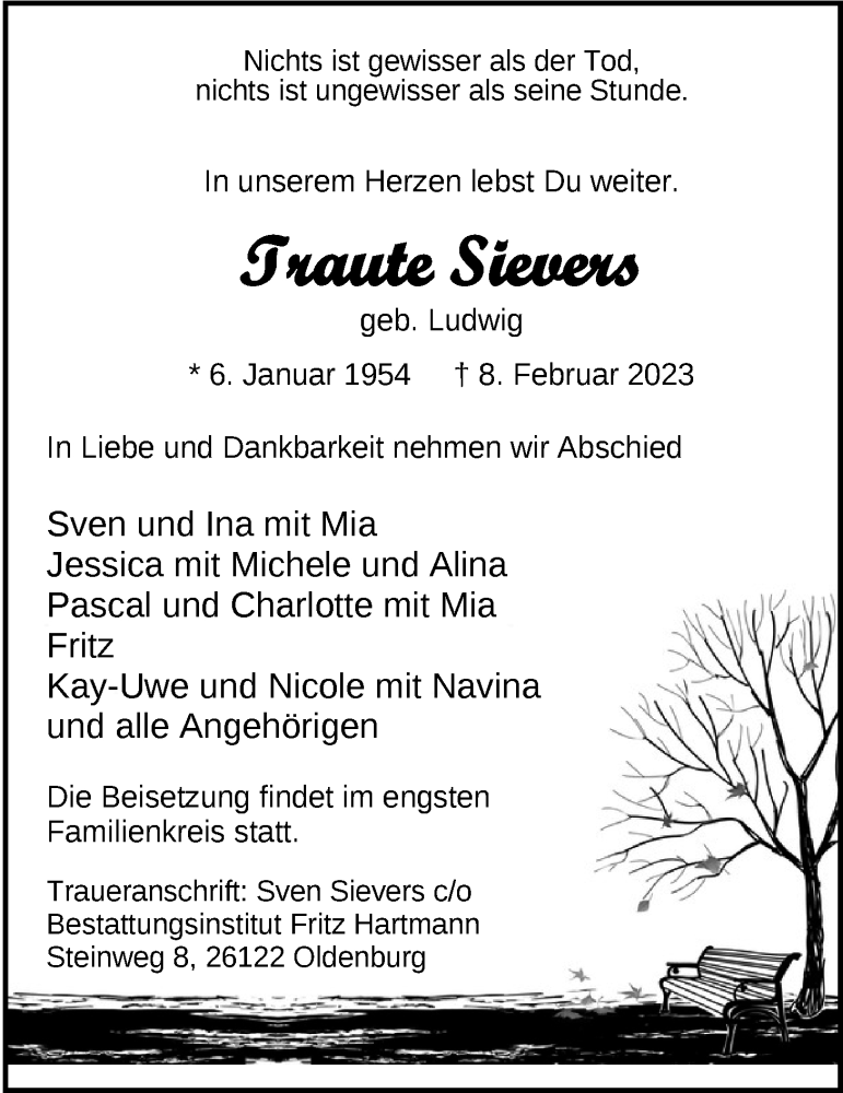  Traueranzeige für Traute Sievers vom 18.02.2023 aus Nordwest-Zeitung