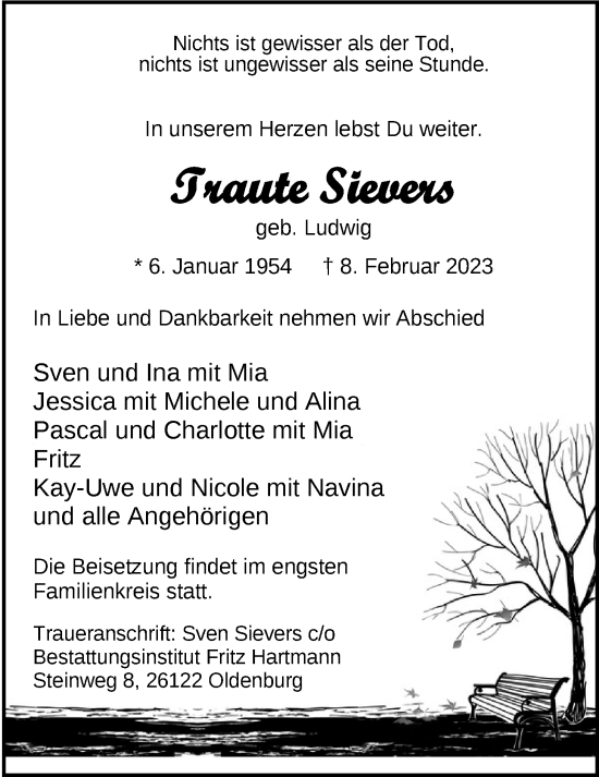 Traueranzeige von Traute Sievers von Nordwest-Zeitung