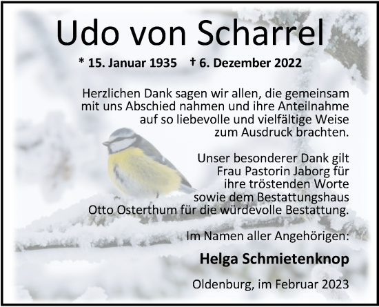 Traueranzeige von Udo von Scharrel von Nordwest-Zeitung