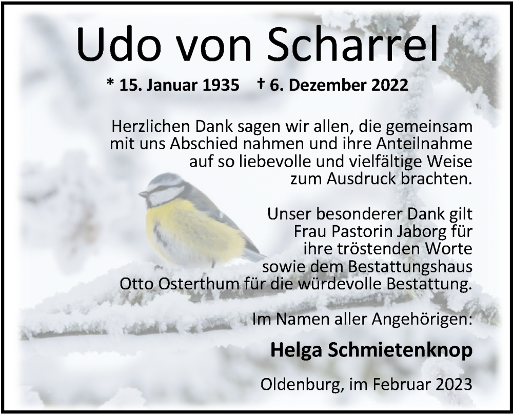  Traueranzeige für Udo von Scharrel vom 15.02.2023 aus Nordwest-Zeitung