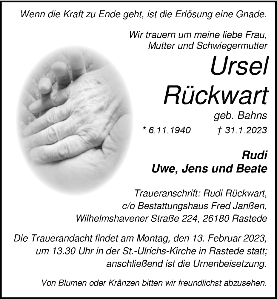  Traueranzeige für Ursel Rückwart vom 04.02.2023 aus Nordwest-Zeitung