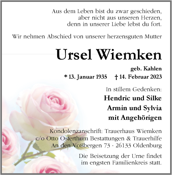Traueranzeige von Ursel Wiemken von Nordwest-Zeitung