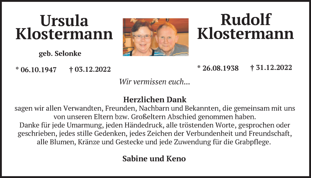  Traueranzeige für Ursula Klostermann vom 04.02.2023 aus Nordwest-Zeitung