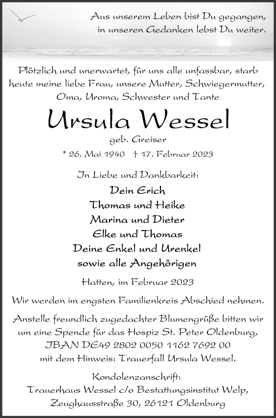 Traueranzeige von Ursula Wessel von Nordwest-Zeitung