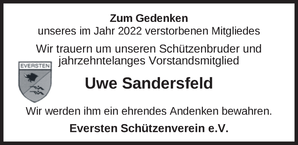  Traueranzeige für Uwe Sandersfeld vom 16.02.2023 aus Nordwest-Zeitung