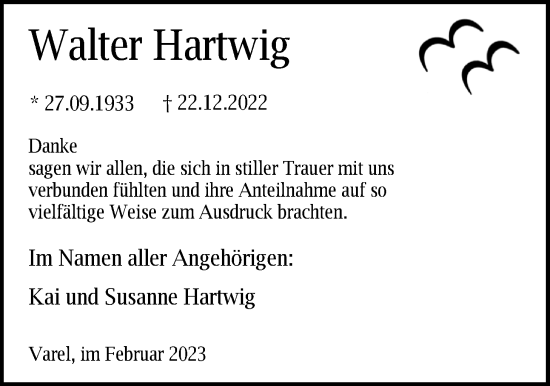 Traueranzeige von Walter Hartwig von Nordwest-Zeitung