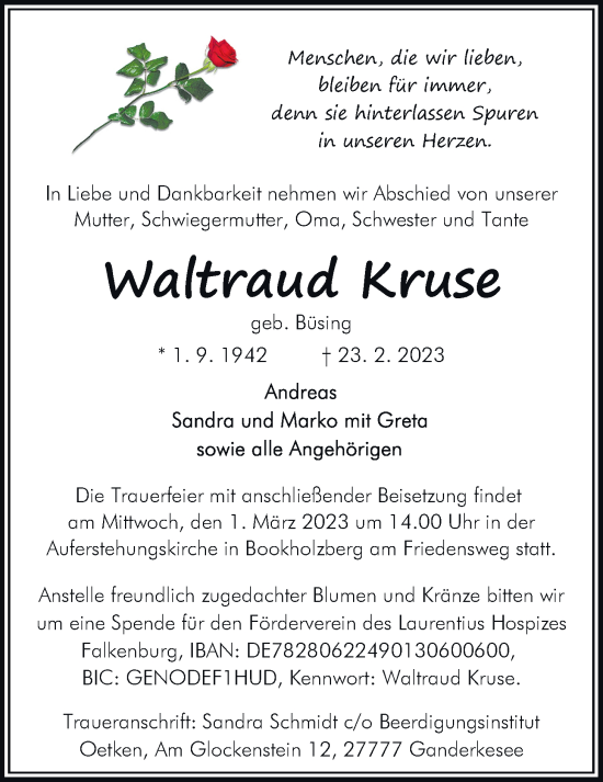 Traueranzeige von Waltraud Kruse von Nordwest-Zeitung