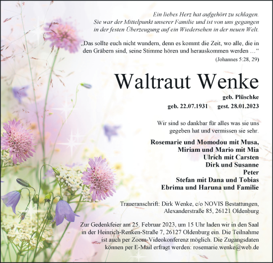 Traueranzeige von Waltraut Wenke von Nordwest-Zeitung
