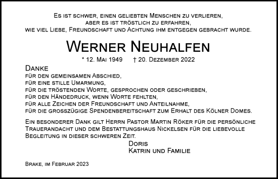 Traueranzeige von Werner Neuhalfen von Nordwest-Zeitung